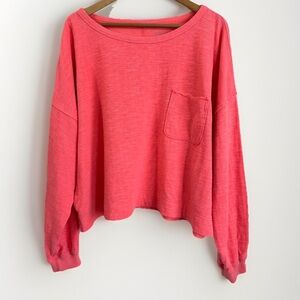 Aerie Neon Orange Cropped Long Sleeve Raw Hem Pocket Shirt Size L